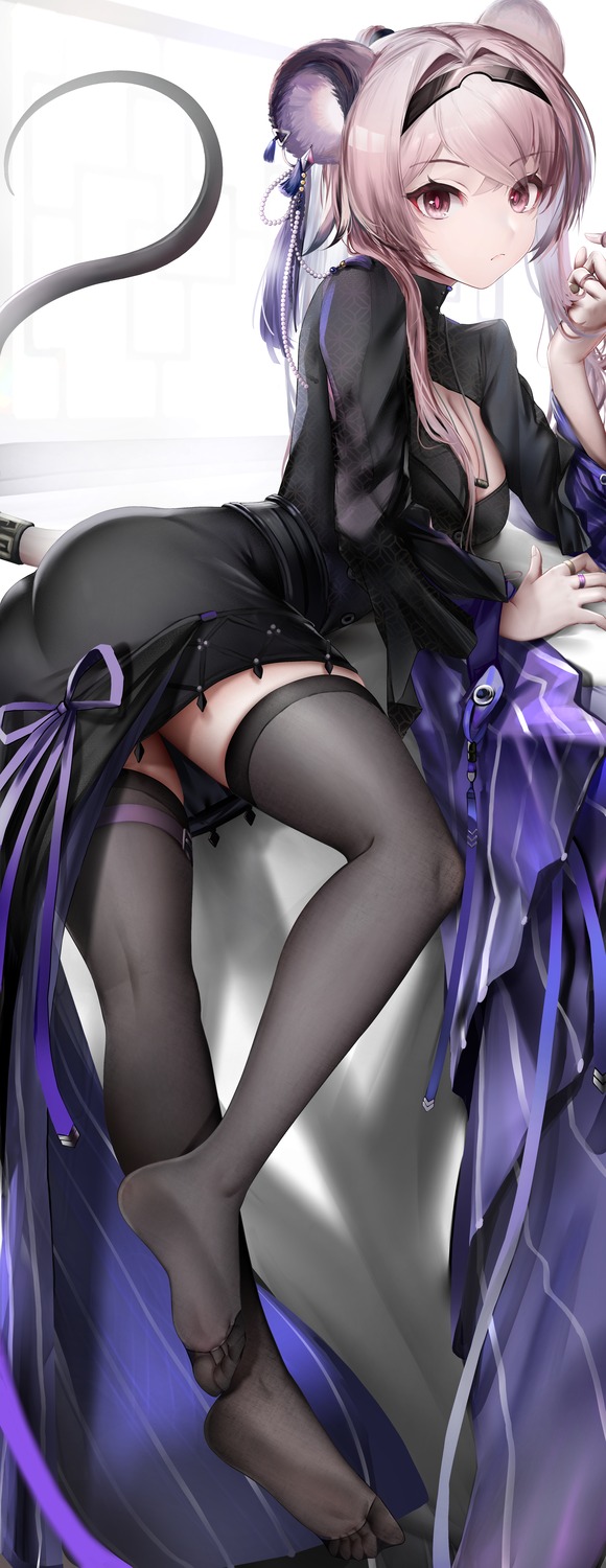animal_ears, arknights, artist_revision, dress, epicnoob278, garter, lin_yuhsia_(arknights), tail