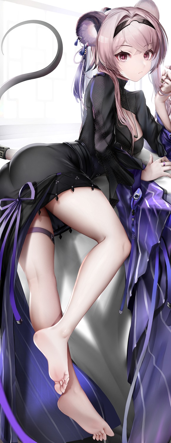 animal_ears, arknights, artist_revision, dress, epicnoob278, garter, lin_yuhsia_(arknights), tail