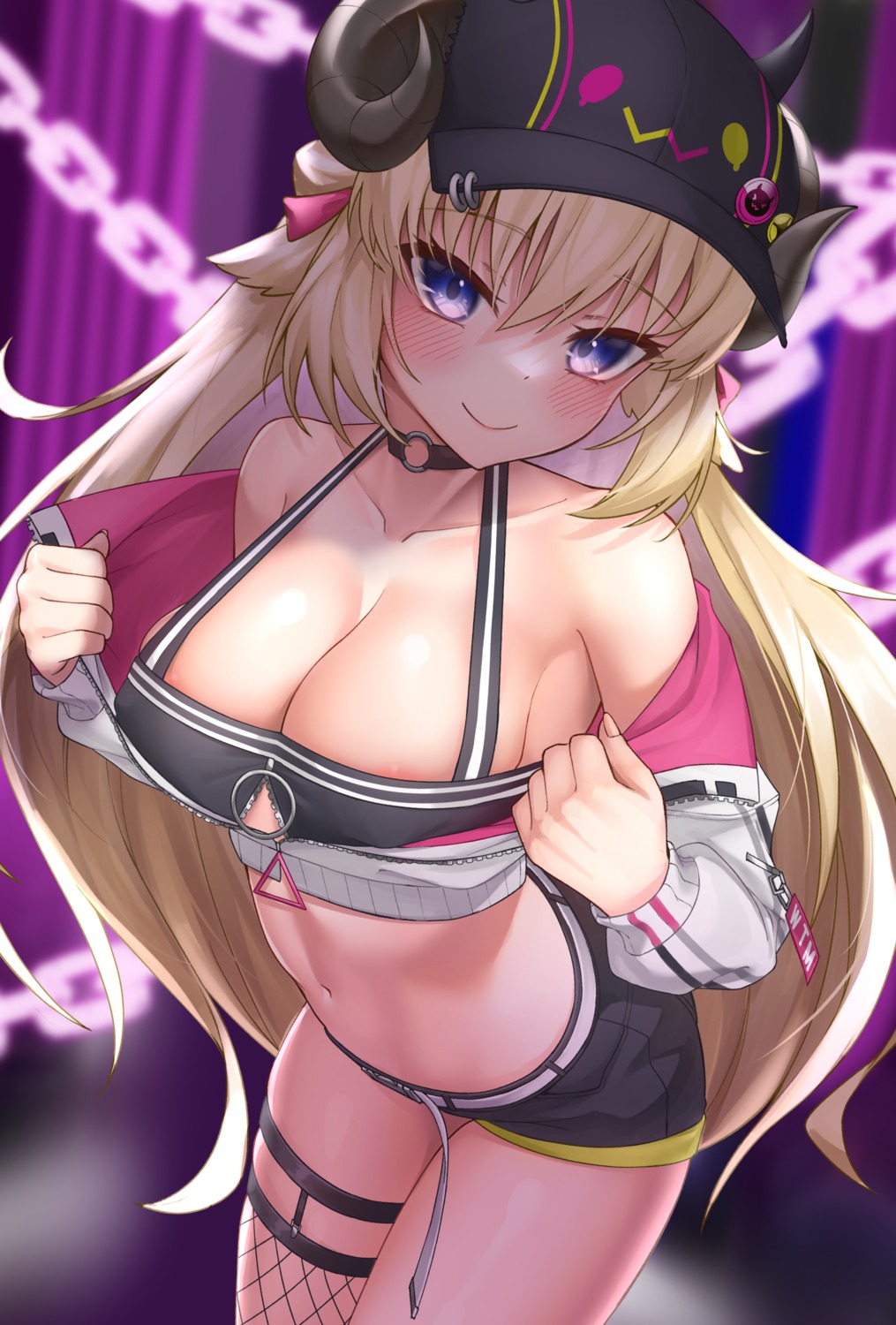 areola, cosplay, fishnets, garter, hololive, horns, no_bra, stockings, thighhighs, tokoyami_towa, tsunomaki_watame, undressing, z.m._(school913102)