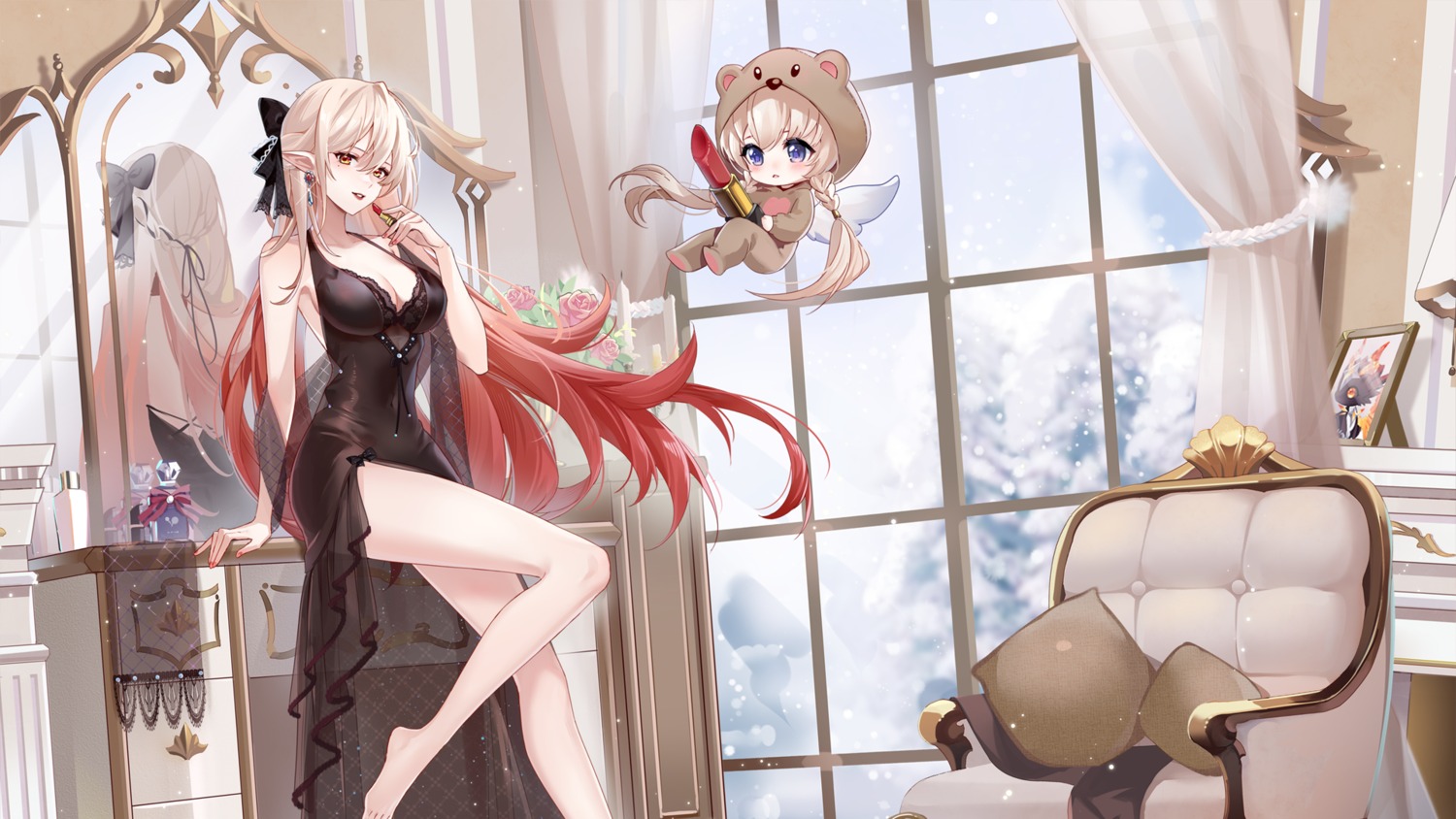 animal_ears, chibi, dress, pointy_ears, wallpaper, wings, zuo600