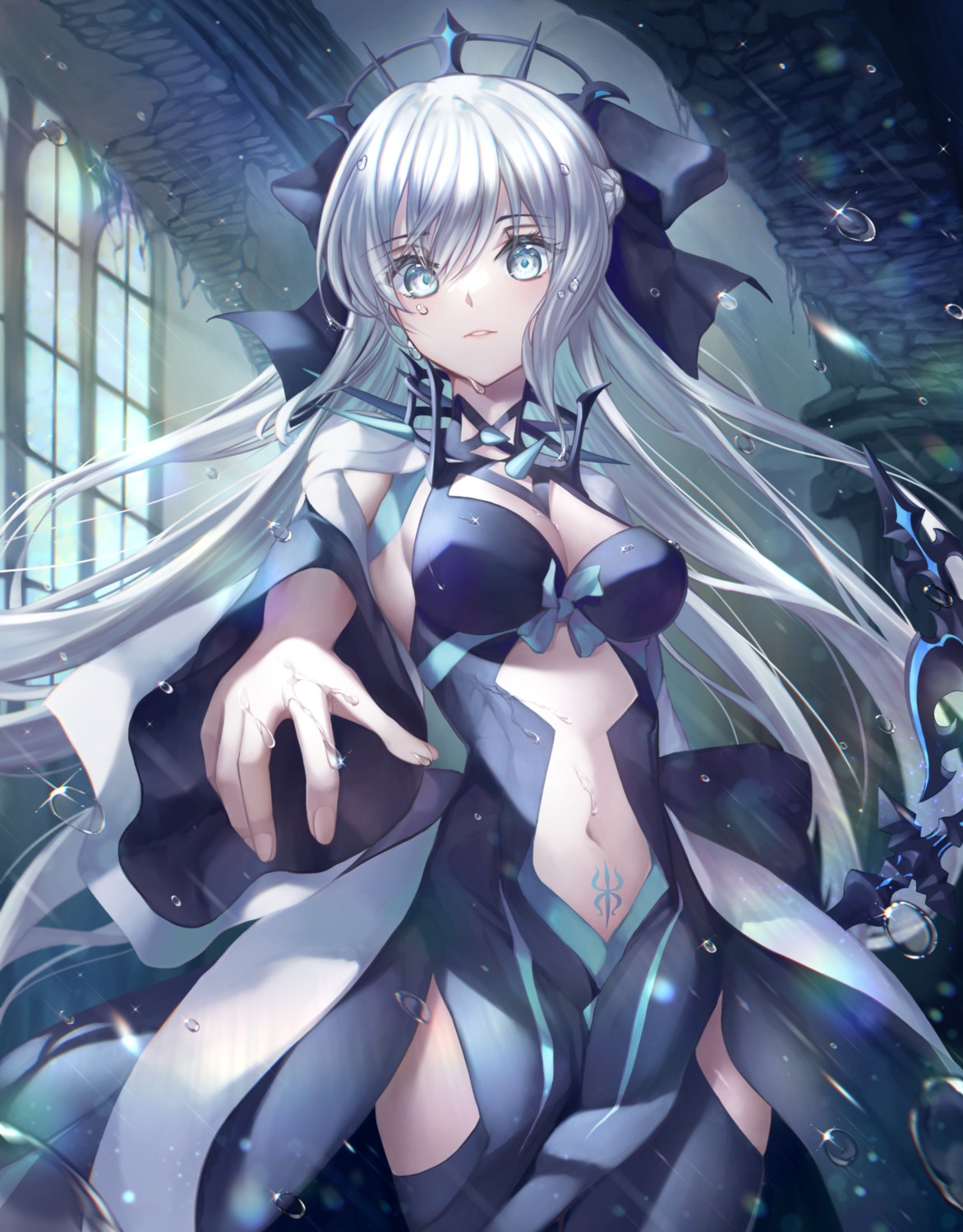 cleavage, dress, fate/grand_order, kuraha1601, morgan_le_fay_(fate), tattoo, weapon
