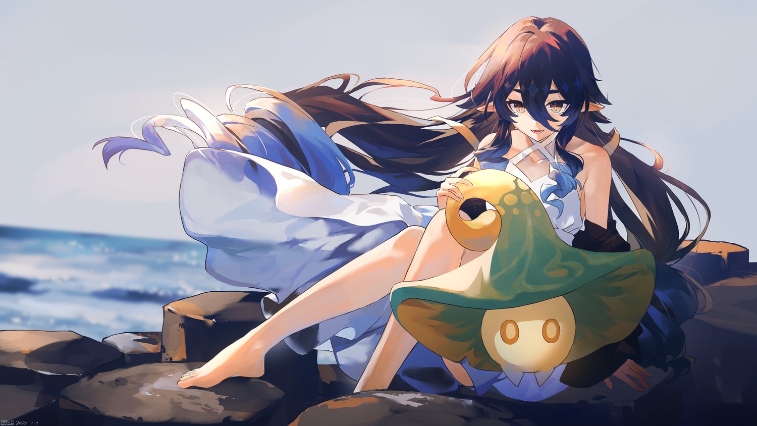 dress, feet, fungi_(genshin_impact), genshin_impact, layla_(genshin_impact), pointy_ears, skirt_lift, summer_dress, swkl:d
