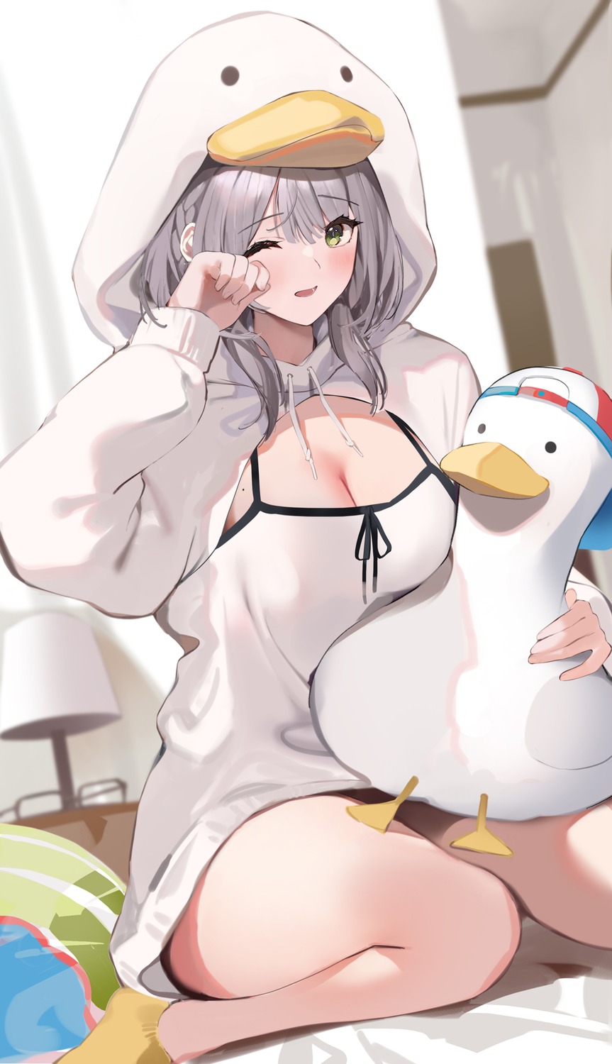 cleavage, hololive, niii_(memstapak), pajama, shirogane_noel