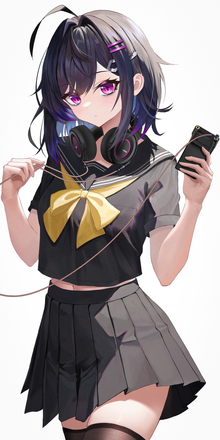 astelia, headphones, seifuku, thighhighs