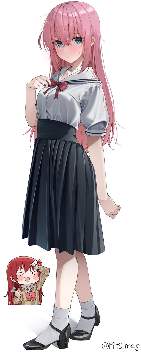 bocchi_the_rock!, breast_hold, chibi, gotou_hitori, heels, kawai_ritsu_(rits_meg), kita_ikuyo, seifuku