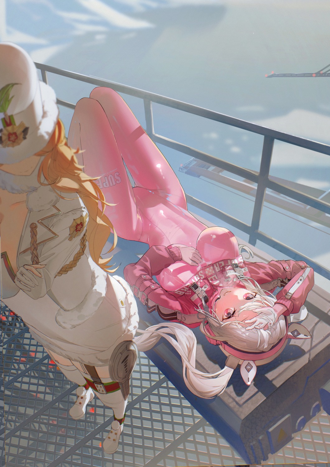 alice_(nikke), animal_ears, bodysuit, goddess_of_victory:_nikke, headphones, ludmilla_(nikke), stockings, thighhighs, torifu, uniform