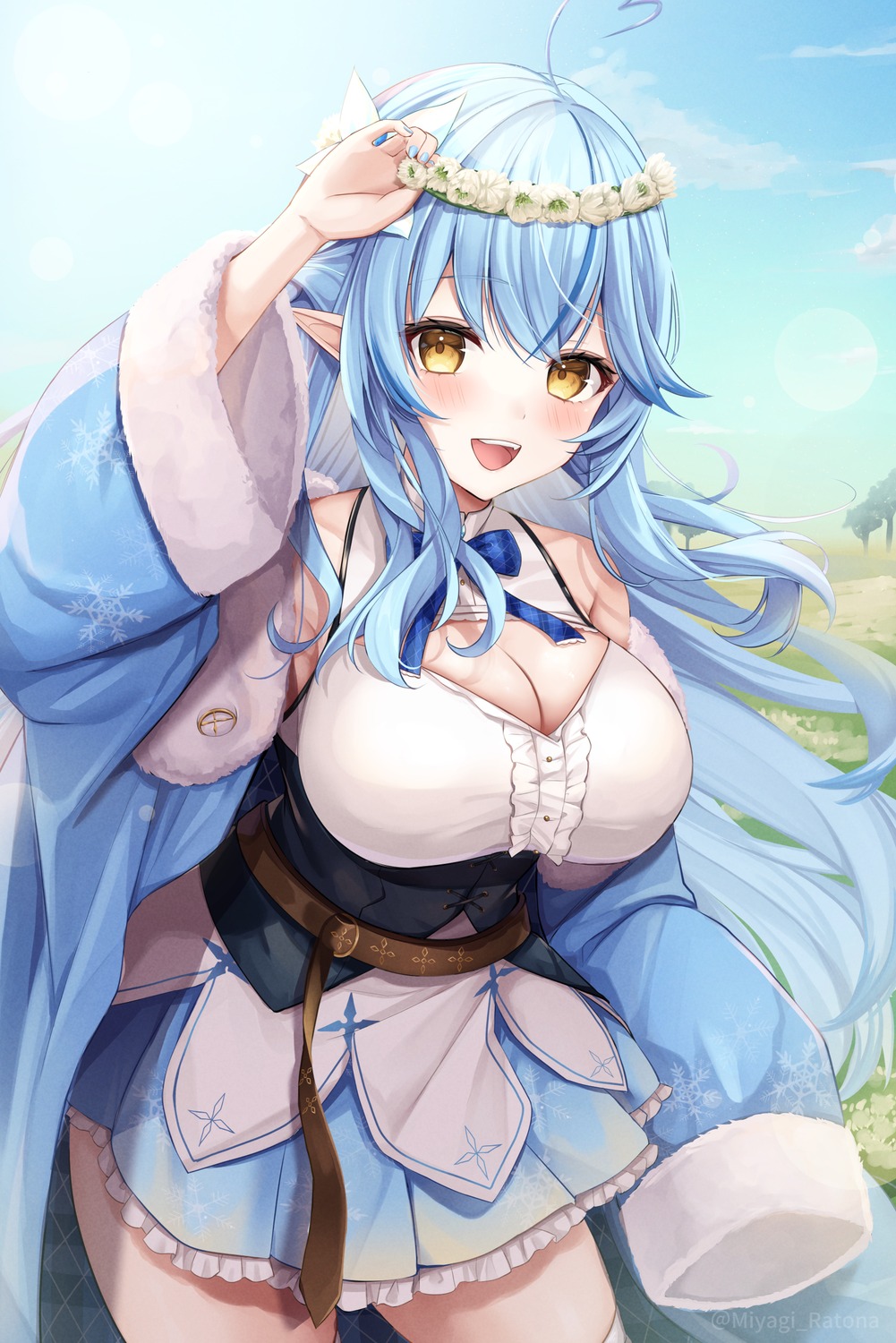 cleavage, elf, hololive, miyagi_ratona, no_bra, pointy_ears, yukihana_lamy
