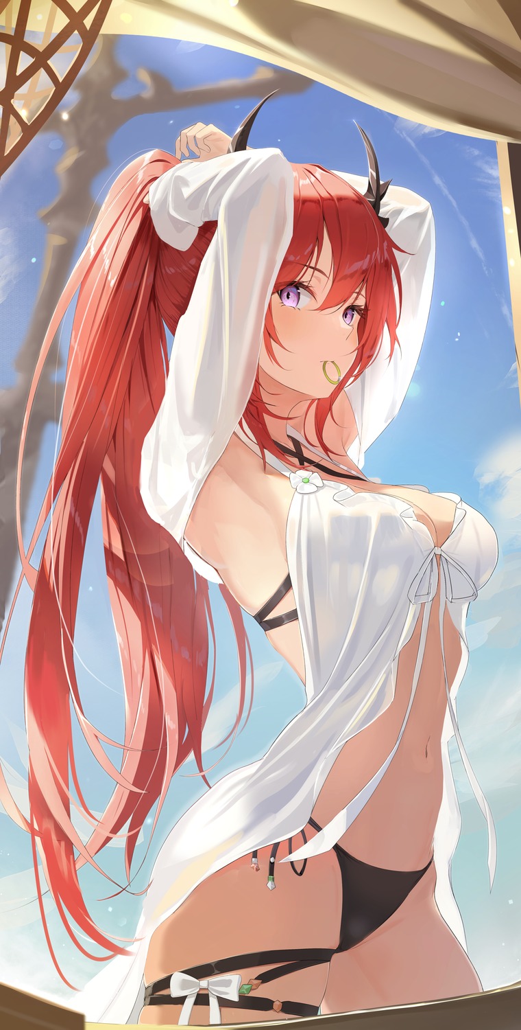 arknights, artist_revision, bikini, garter, horns, see_through, surtr_(arknights), swimsuits, three_twosix, wet
