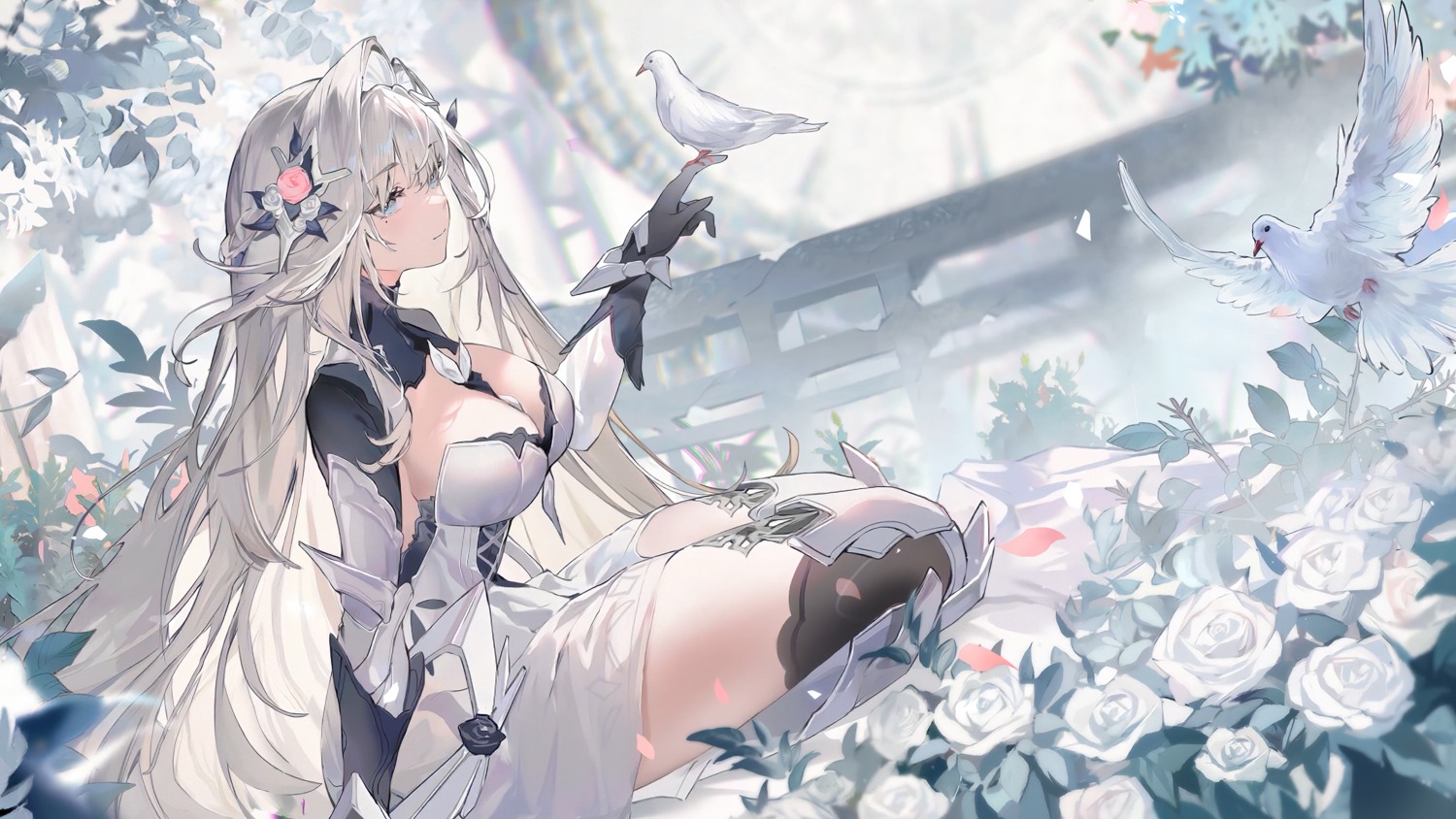 armor, bianca_(punishing:_gray_raven), dress, no_bra, punishing:_gray_raven, thighhighs, wallpaper, yanderenasa