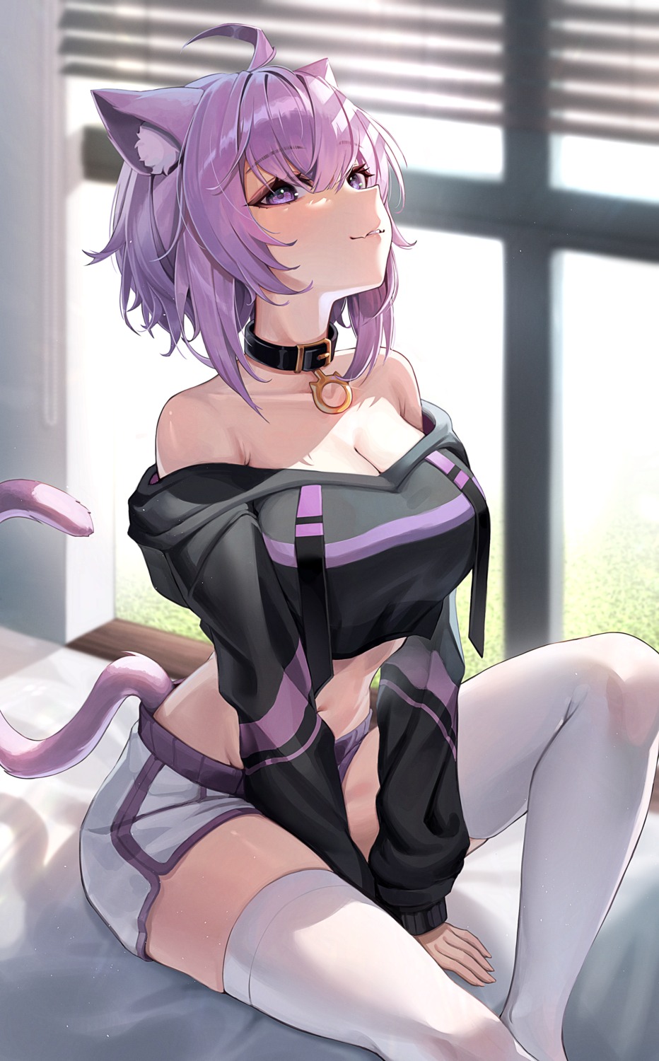 animal_ears, hololive, hololive_gamers, nekomata_okayu, nekomimi, tail, thighhighs, v_burger103