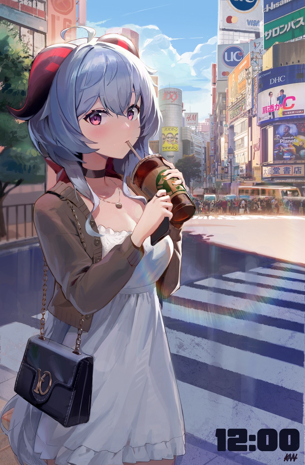 cleavage, dress, ganyu, genshin_impact, horns, kawa683, sweater