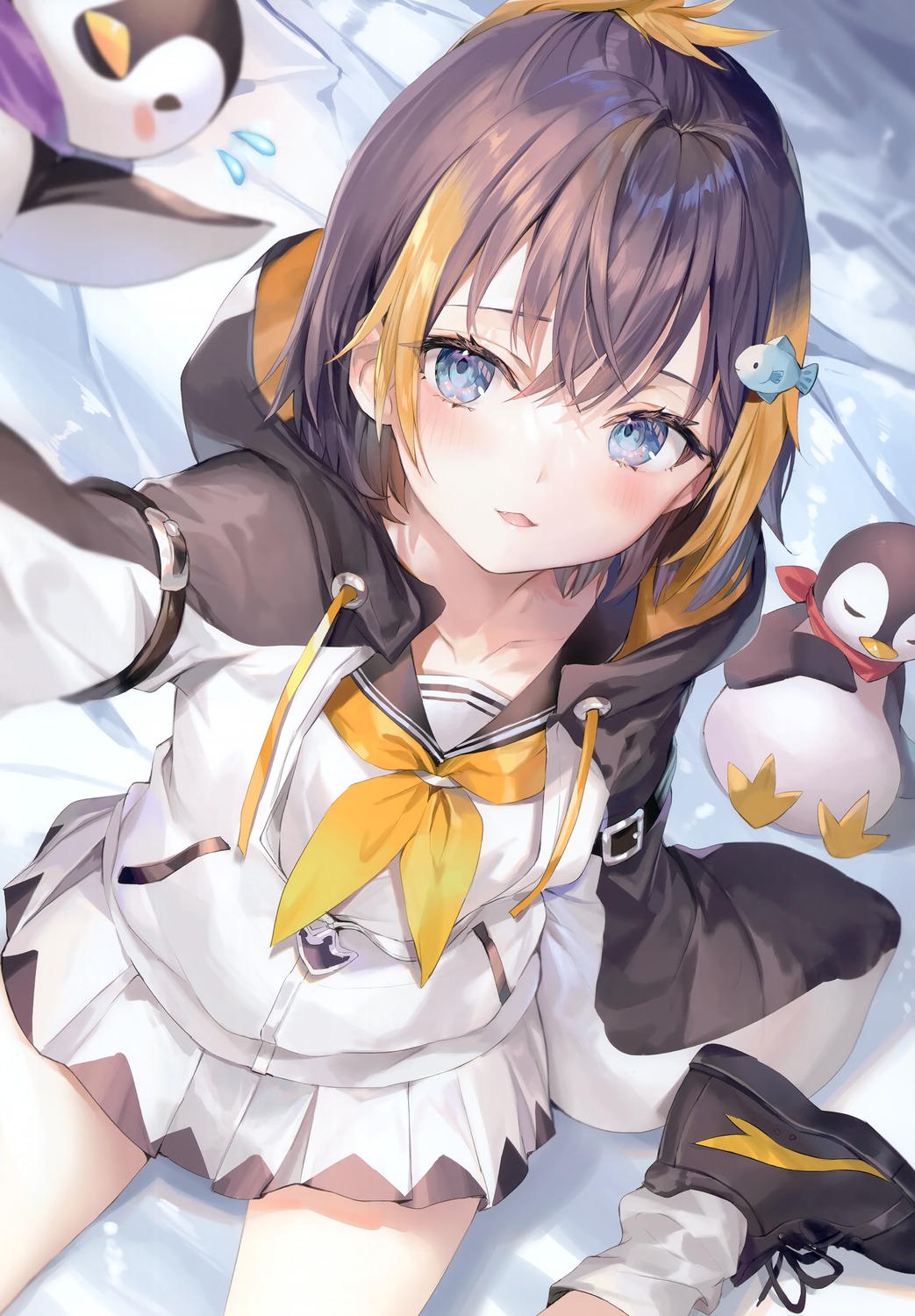 momoko_(momopoco), nijisanji, nijisanji_en, penguin, petra_gurin, sashimi_necoya, seifuku, selfie