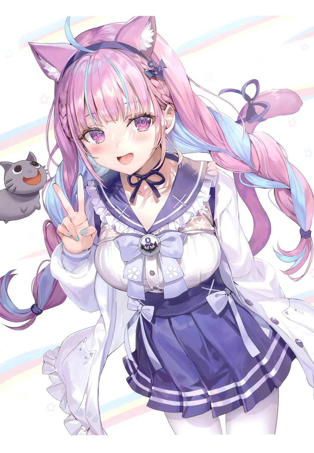 animal_ears, hololive, minato_aqua, momoko_(momopoco), nekomimi, pantyhose, sashimi_necoya, seifuku, tail