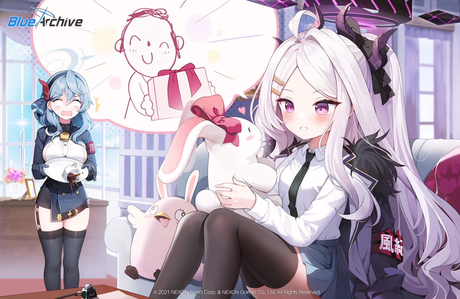 amau_ako, blue_archive, halo, horns, jehyun, no_bra, skirt_lift, sorasaki_hina