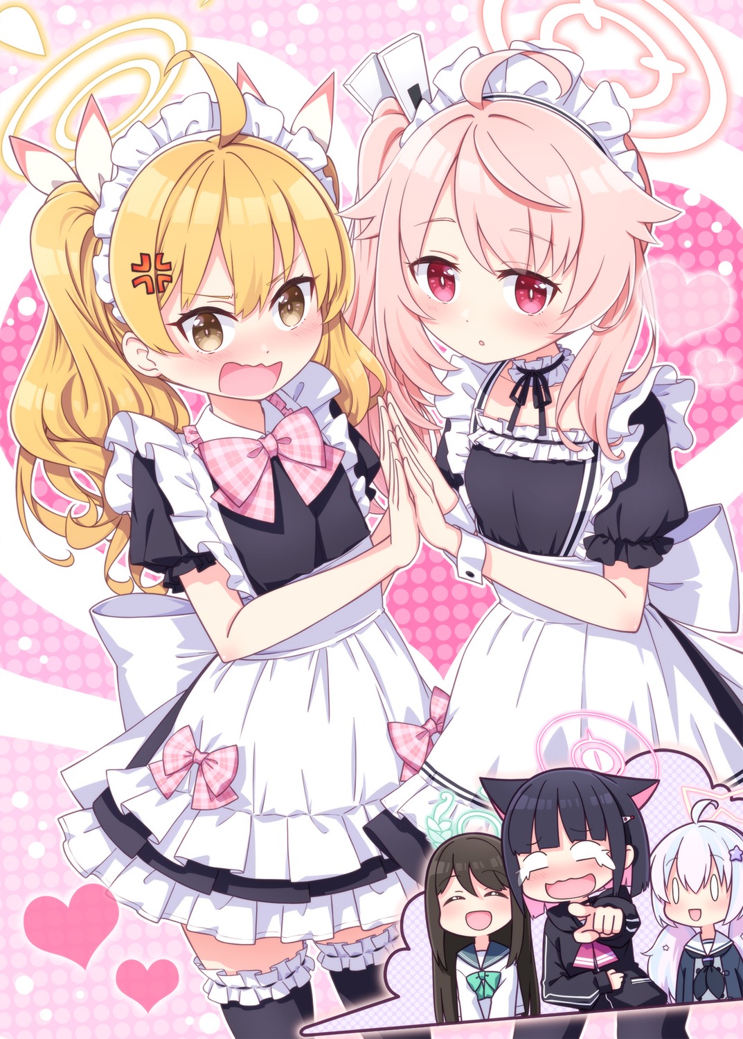 animal_ears, blue_archive, chibi, halo, ibaragi_yoshimi, kurimura_airi, kyouyama_kazusa, maid, nekomimi, sansei_rain, seifuku, thighhighs, uzawa_reisa, yutori_natsu