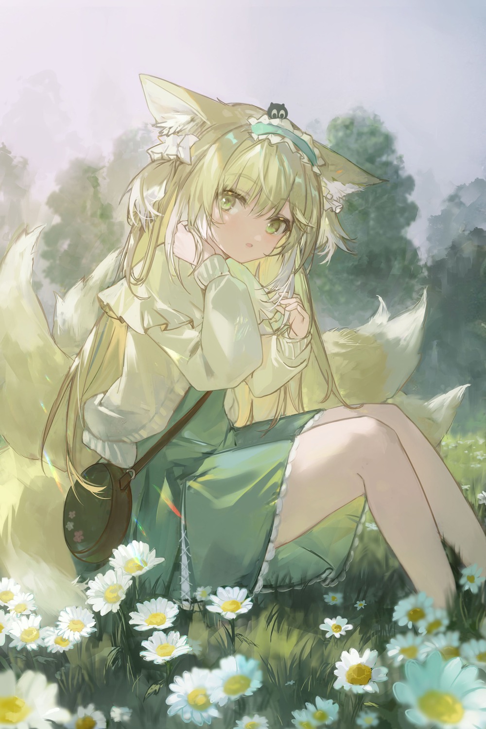 animal_ears, arknights, dress, ergouzi_echo, kitsune, suzuran_(arknights), sweater, tail