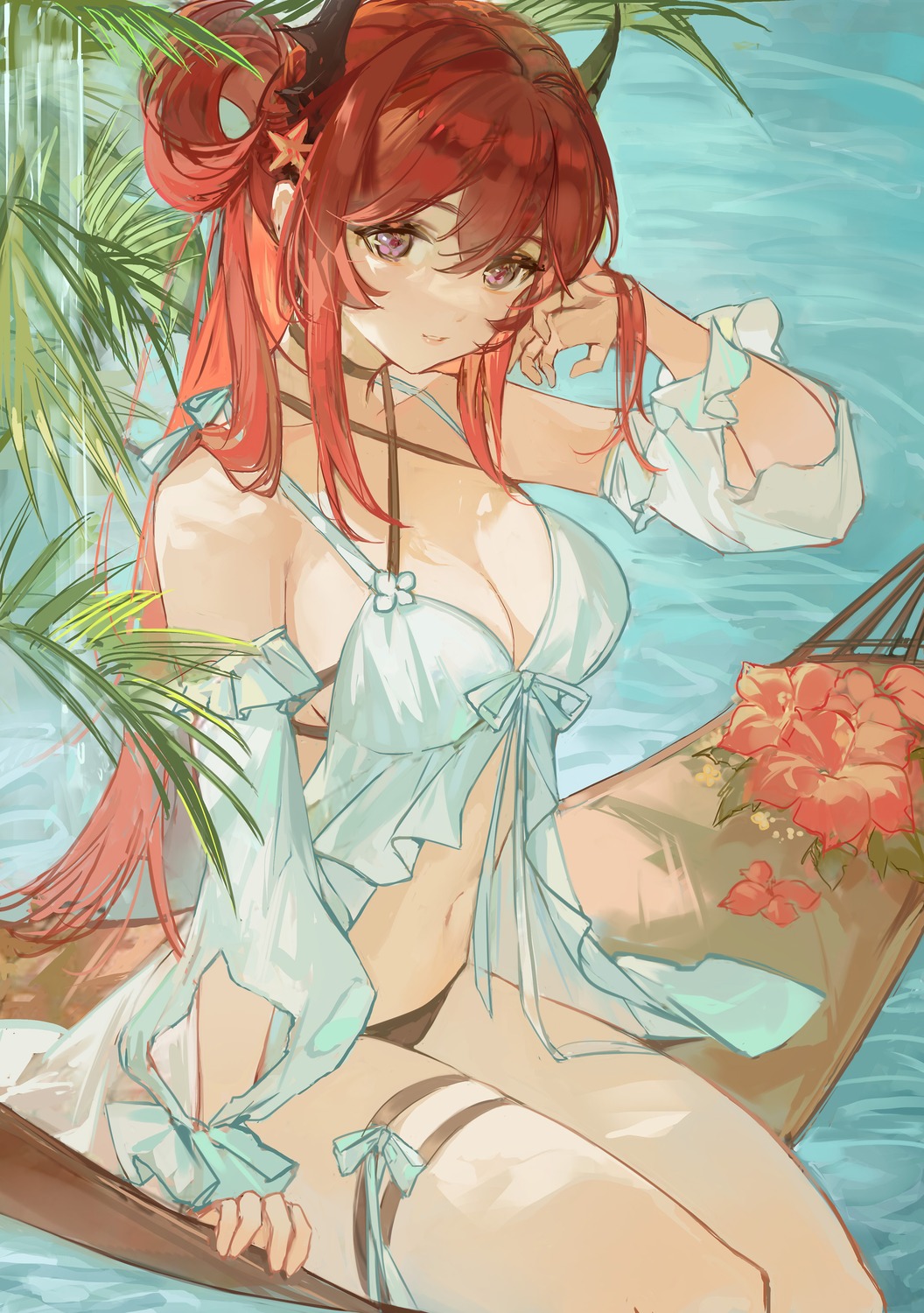 arknights, bikini, ergouzi_echo, garter, horns, see_through, sketch, surtr_(arknights), swimsuits, wet