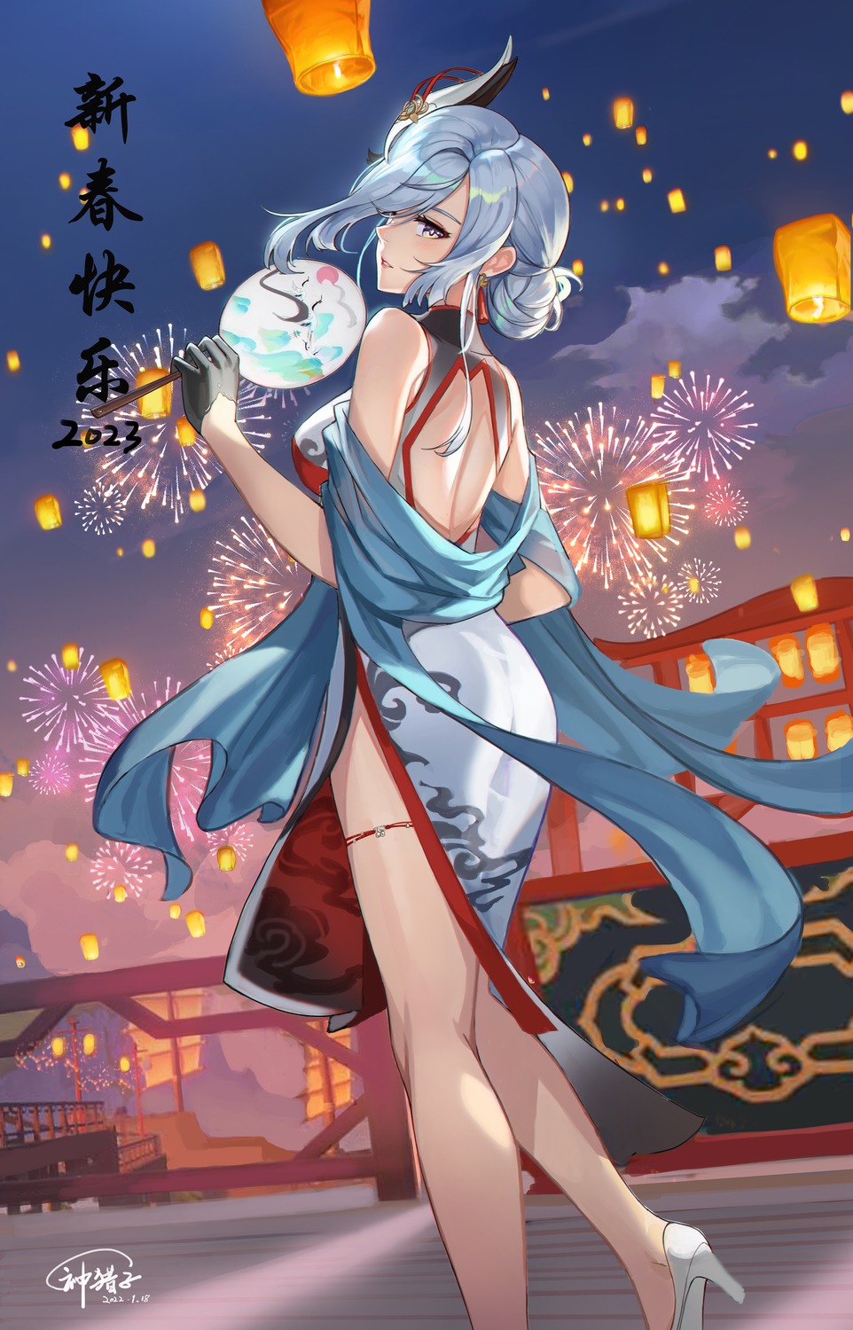 ass, chinadress, garter, genshin_impact, god_hunter, heels, no_bra, shenhe
