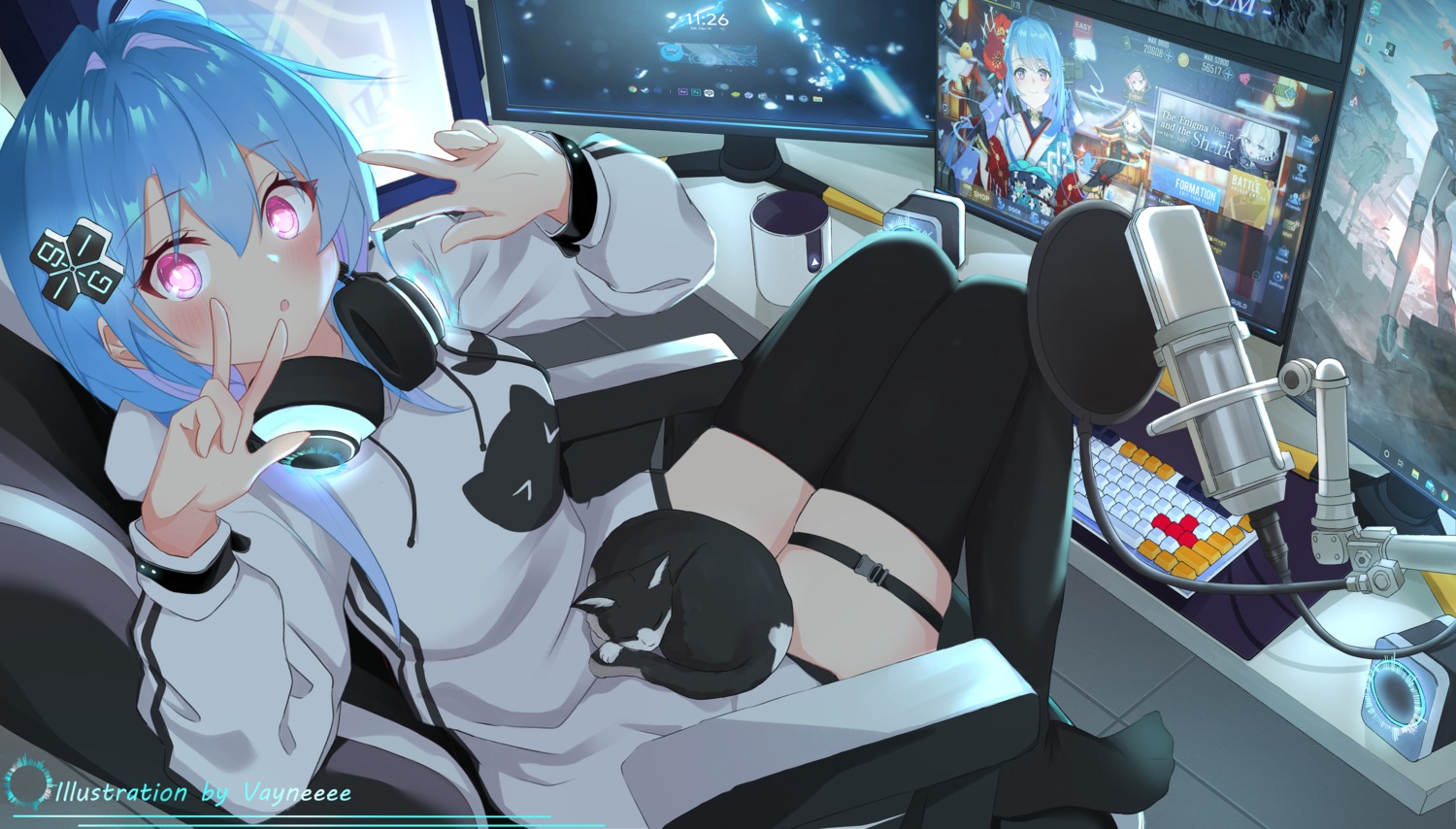 azur_lane, garter, headphones, helena_(azur_lane), japanese_clothes, neko, thighhighs, vayneeeee