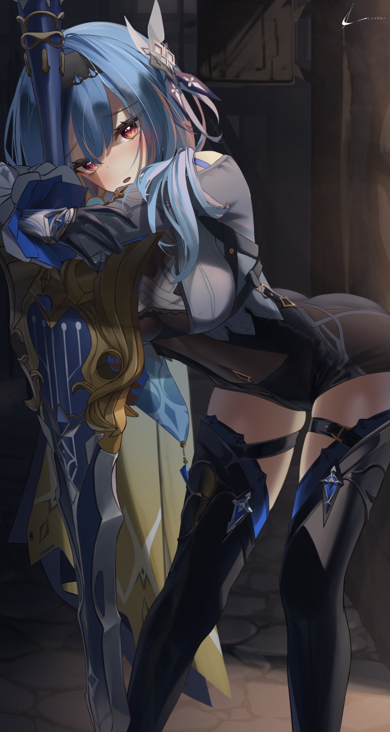 eula, garter, genshin_impact, luenar, sword, thighhighs