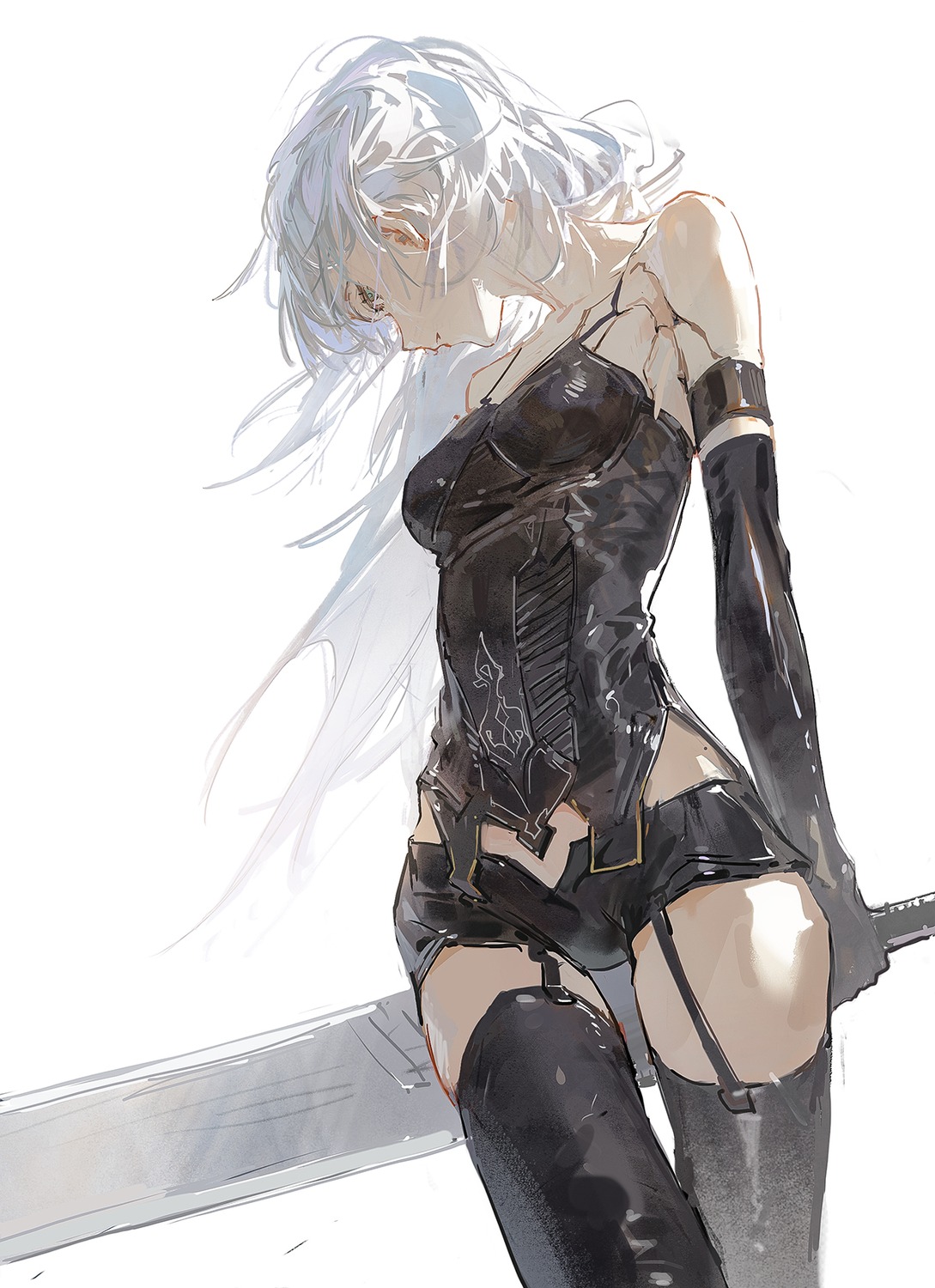 dinoartforame, mecha_musume, nier, nier_automata, sketch, stockings, sword, thighhighs, yorha_type_a_no.2