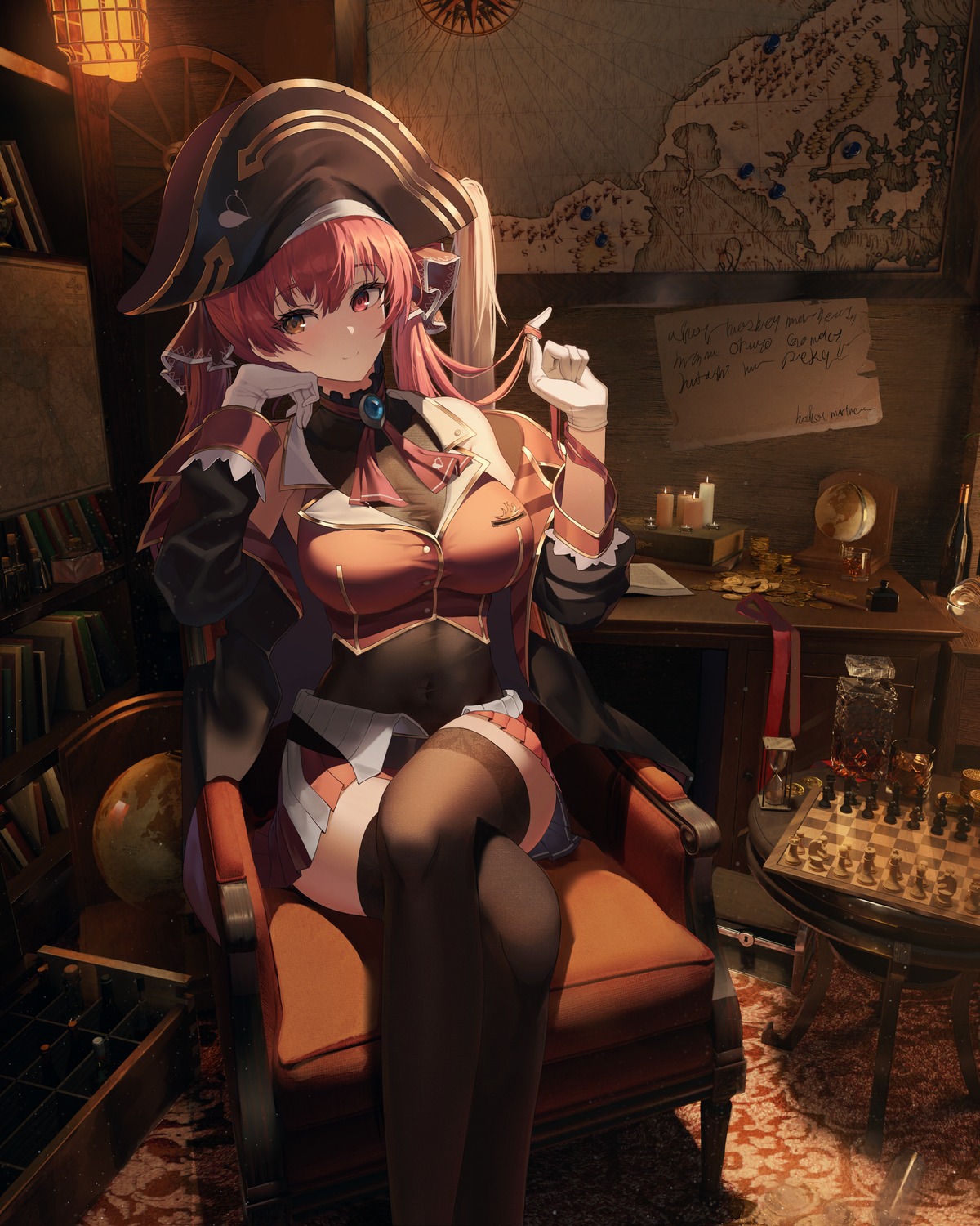 heterochromia, hololive, houshou_marine, pekoku_(tamago_sushi), pirate, see_through, thighhighs