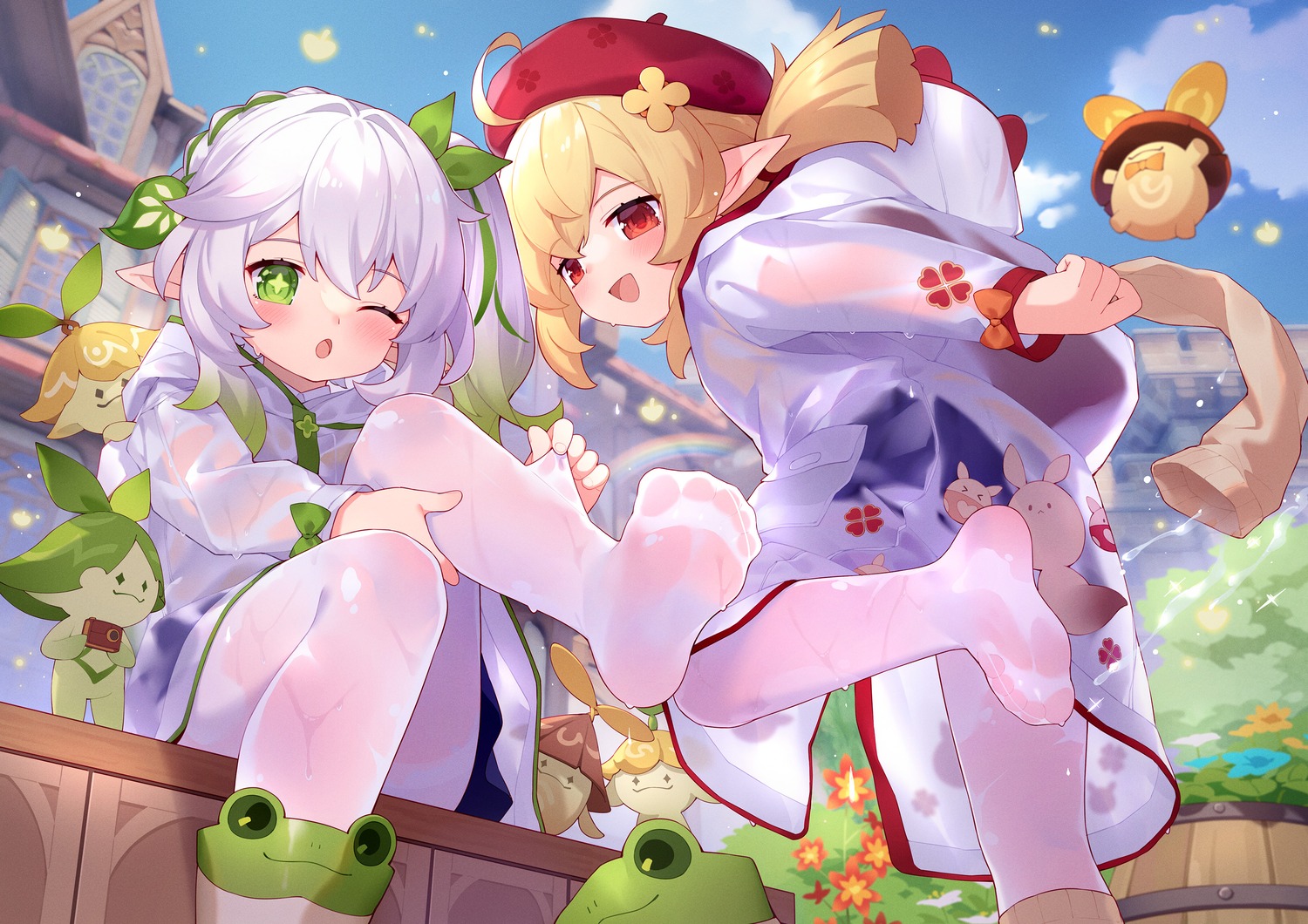 feet, genshin_impact, klee, nahida, pantyhose, pointy_ears, see_through, tsubasa_tsubasa, wet, wet_clothes