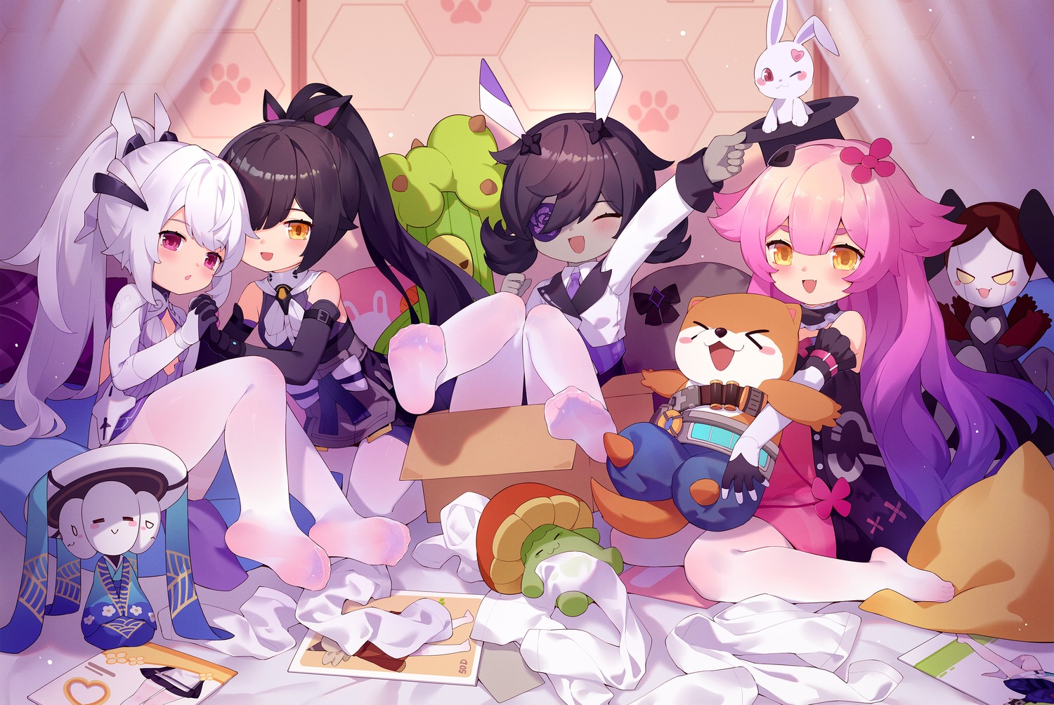 animal_ears, bunny_ears, eyepatch, feet, pantyhose, tower_of_fantasy, tsubasa_tsubasa, yuri