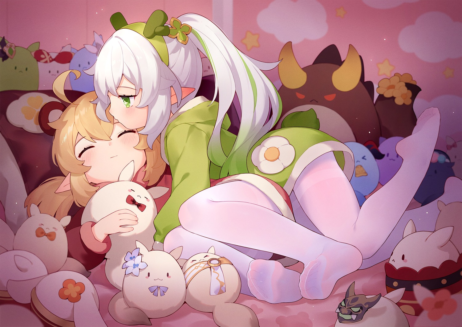 feet, genshin_impact, klee, nahida, pantyhose, pointy_ears, tsubasa_tsubasa, yuri