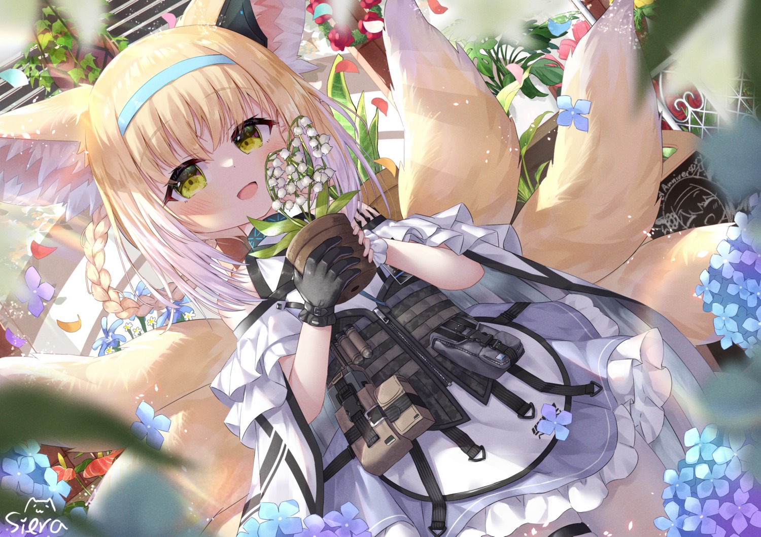 animal_ears, arknights, dress, garter, kitsune, siera_(sieracitrus), suzuran_(arknights), tail