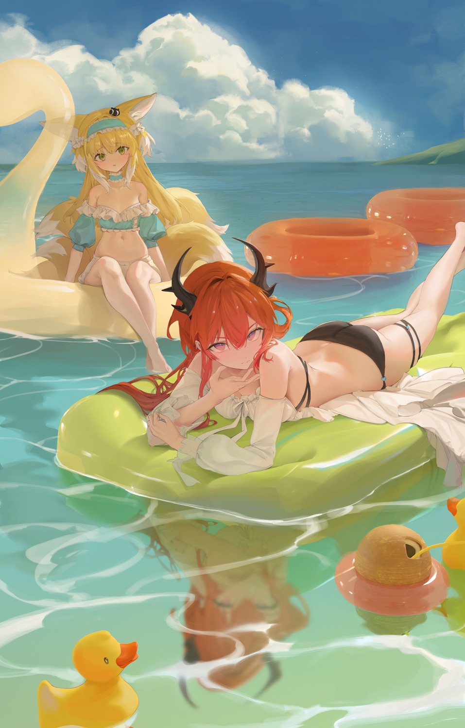 0_0_0, animal_ears, arknights, bikini, horns, surtr_(arknights), suzuran_(arknights), swimsuits