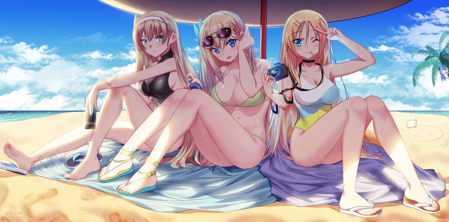 artist_revision, bikini, cang_se_ye_hua, cleavage, feet, lexington_(zhanjianshaonv), megane, quincy_(zhanjianshaonv)