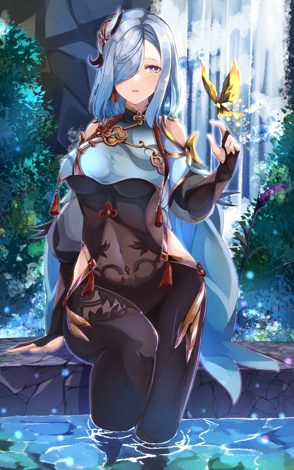 asian_clothes, bodysuit, ekusera, genshin_impact, shenhe, wet