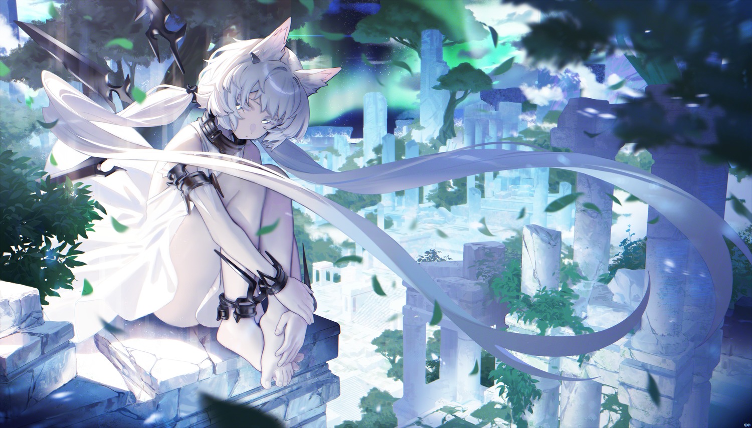 animal_ears, arknights, dress, rosmontis_(arknights), skirt_lift, songchuan_li