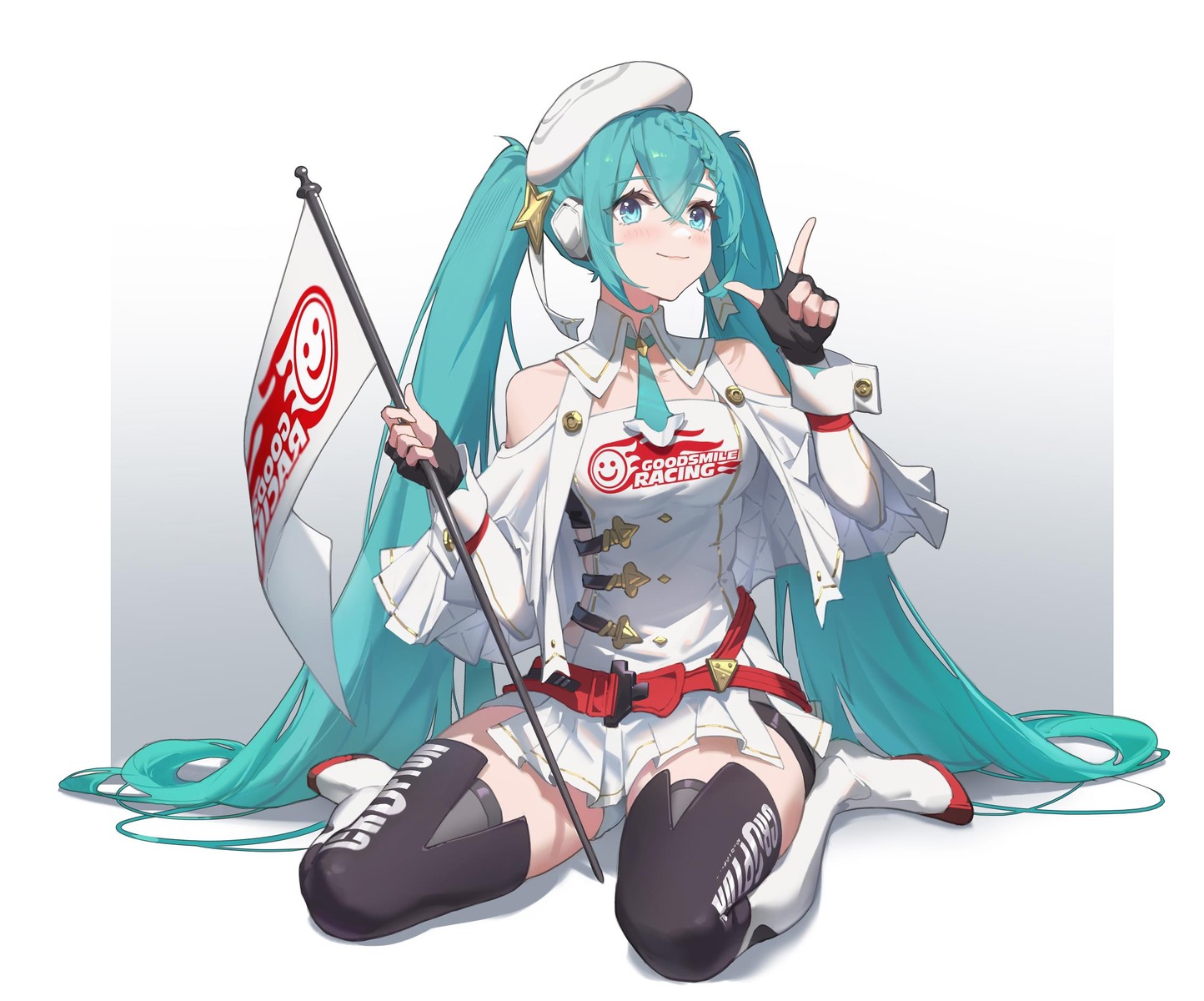goodsmile_racing, hatsune_miku, headphones, meinoss, racing_miku, thighhighs, vocaloid