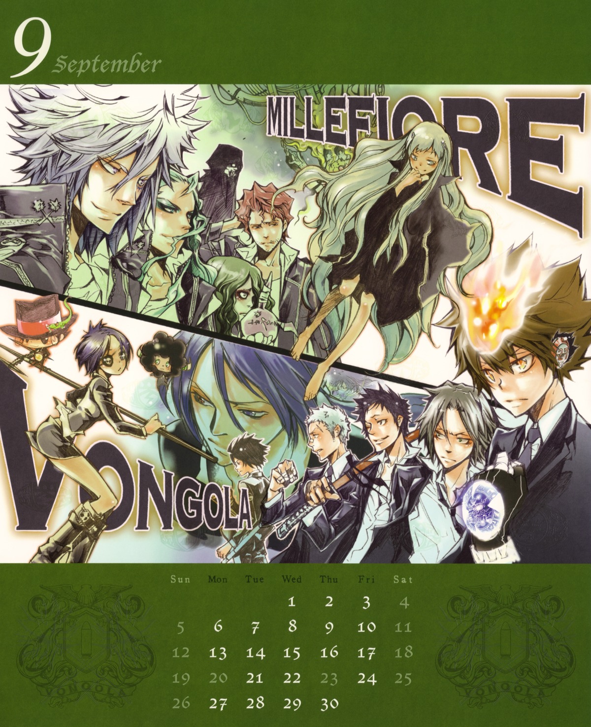 amano_akira, byakuran, calendar, chrome_dokuro, eyepatch, gokudera_hayato, heterochromia, hibari_kyoya