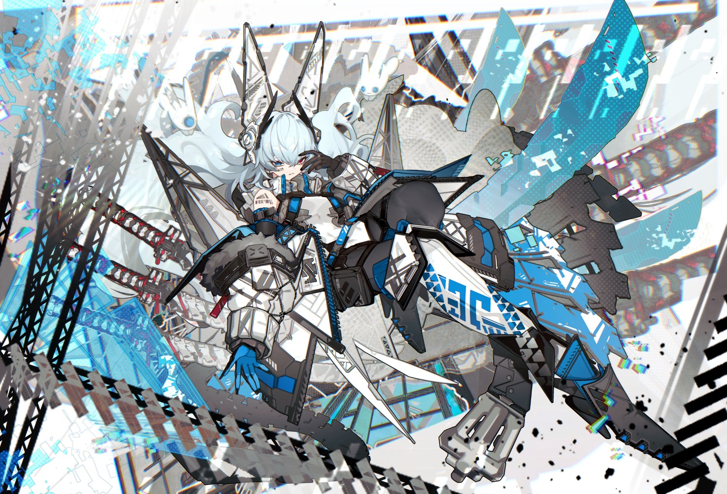 animal_ears, bunny_ears, bunny_girl, garter, heels, heterochromia, mecha_musume, pantyhose, shiba_(s_hi_ba_), sword, tattoo