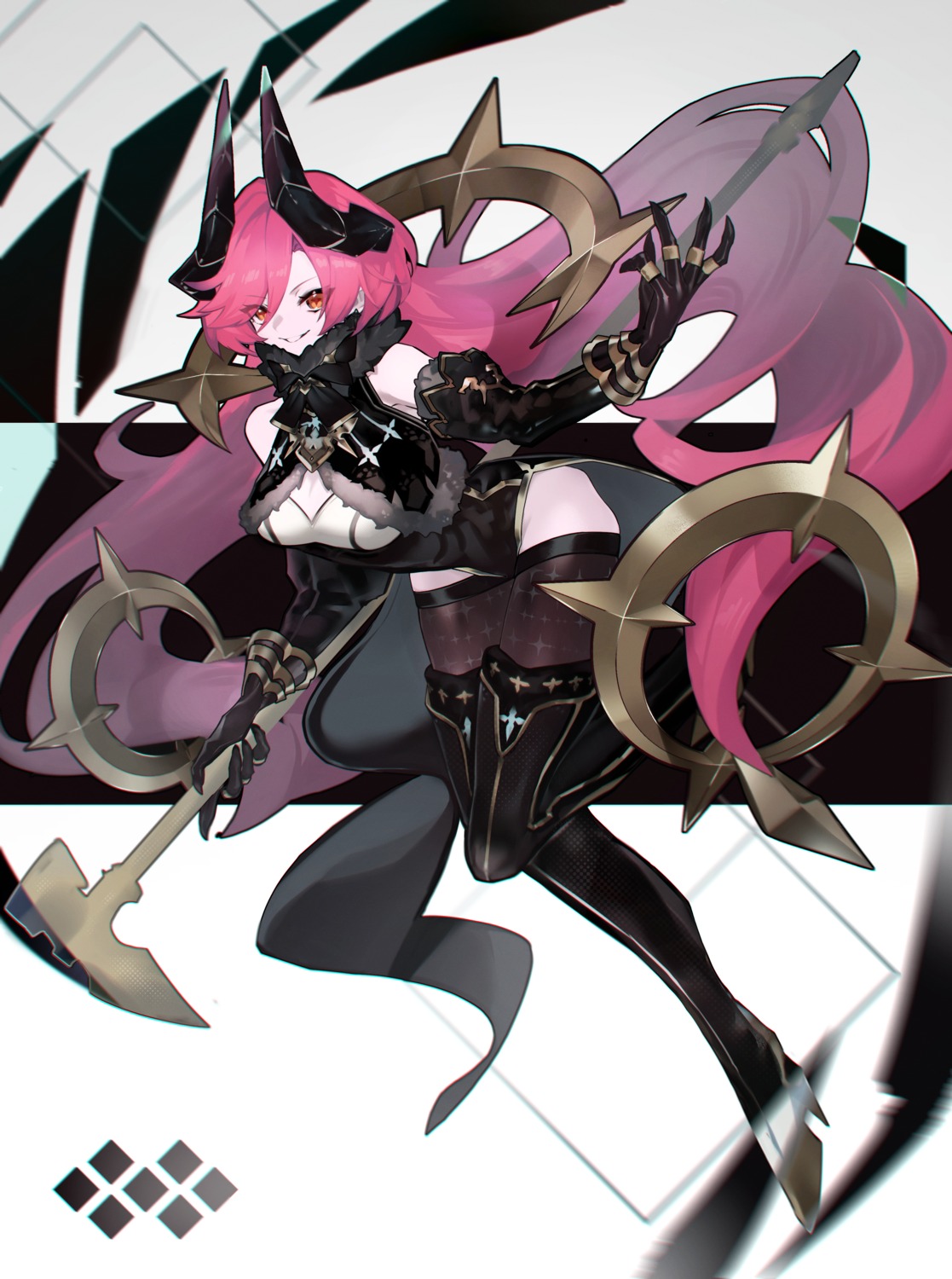 heels, horns, leotard, shiba_(s_hi_ba_), thighhighs, weapon