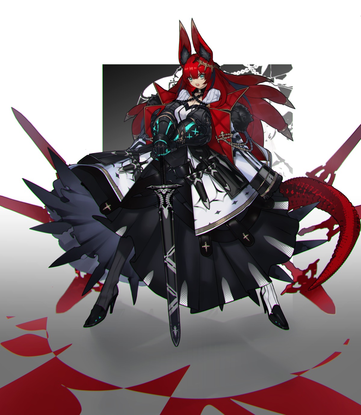animal_ears, armor, cleavage, dress, heels, shiba_(s_hi_ba_), sword, tail