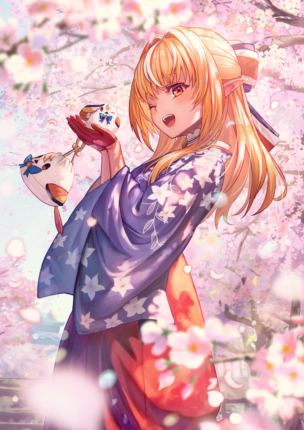 elf, hololive, japanese_clothes, pointy_ears, sakumichi, shiranui_flare