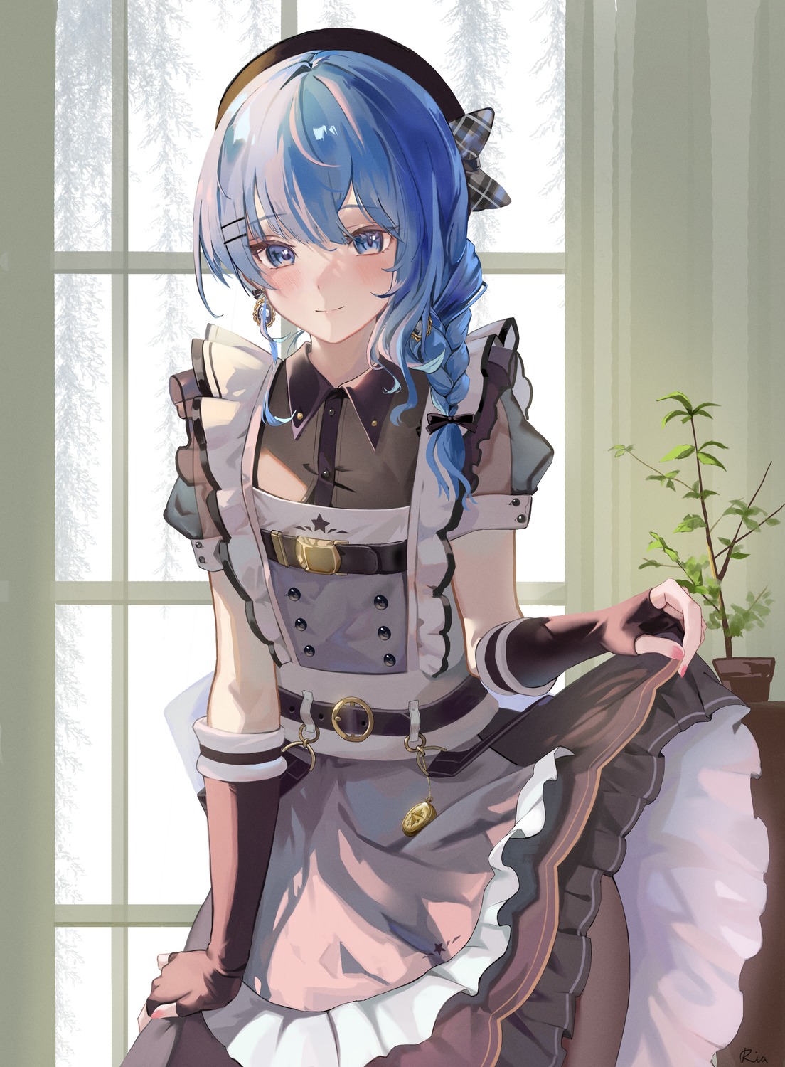 gary_huang, hololive, hoshimachi_suisei, maid, pantyhose, see_through, skirt_lift