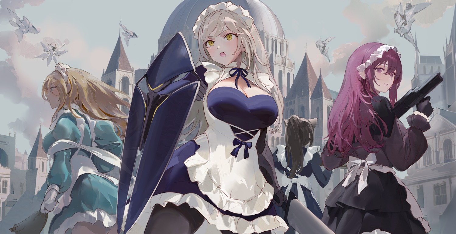 animal_ears, chowbie, gun, maid, pantyhose, sword
