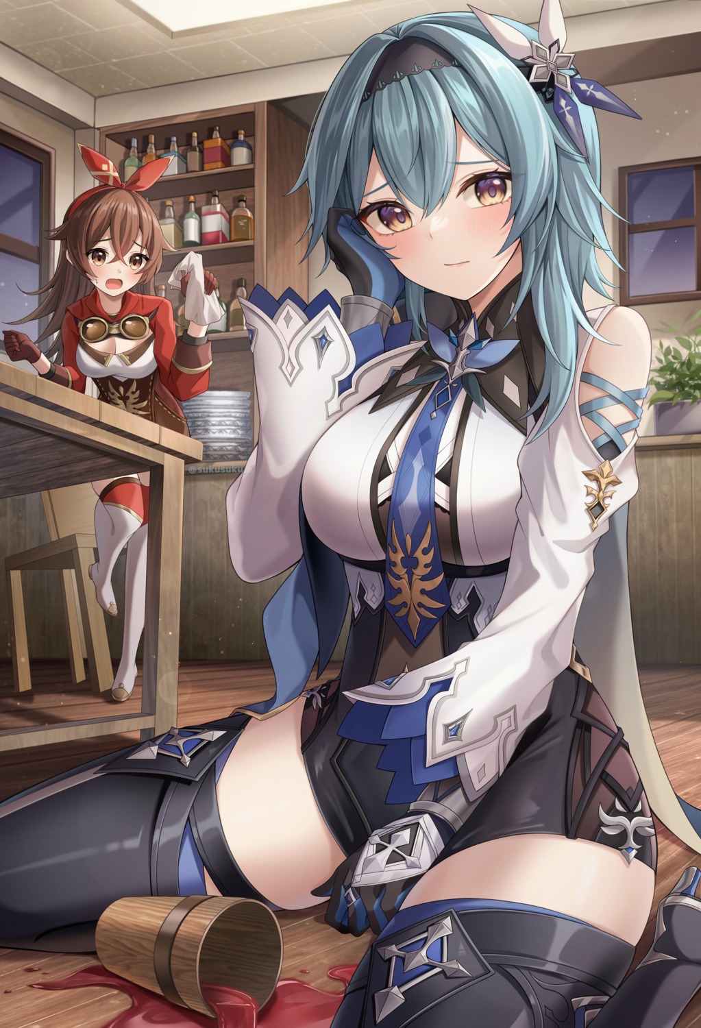 amber_(genshin_impact), eula, garter, genshin_impact, heels, sukuemon, thighhighs