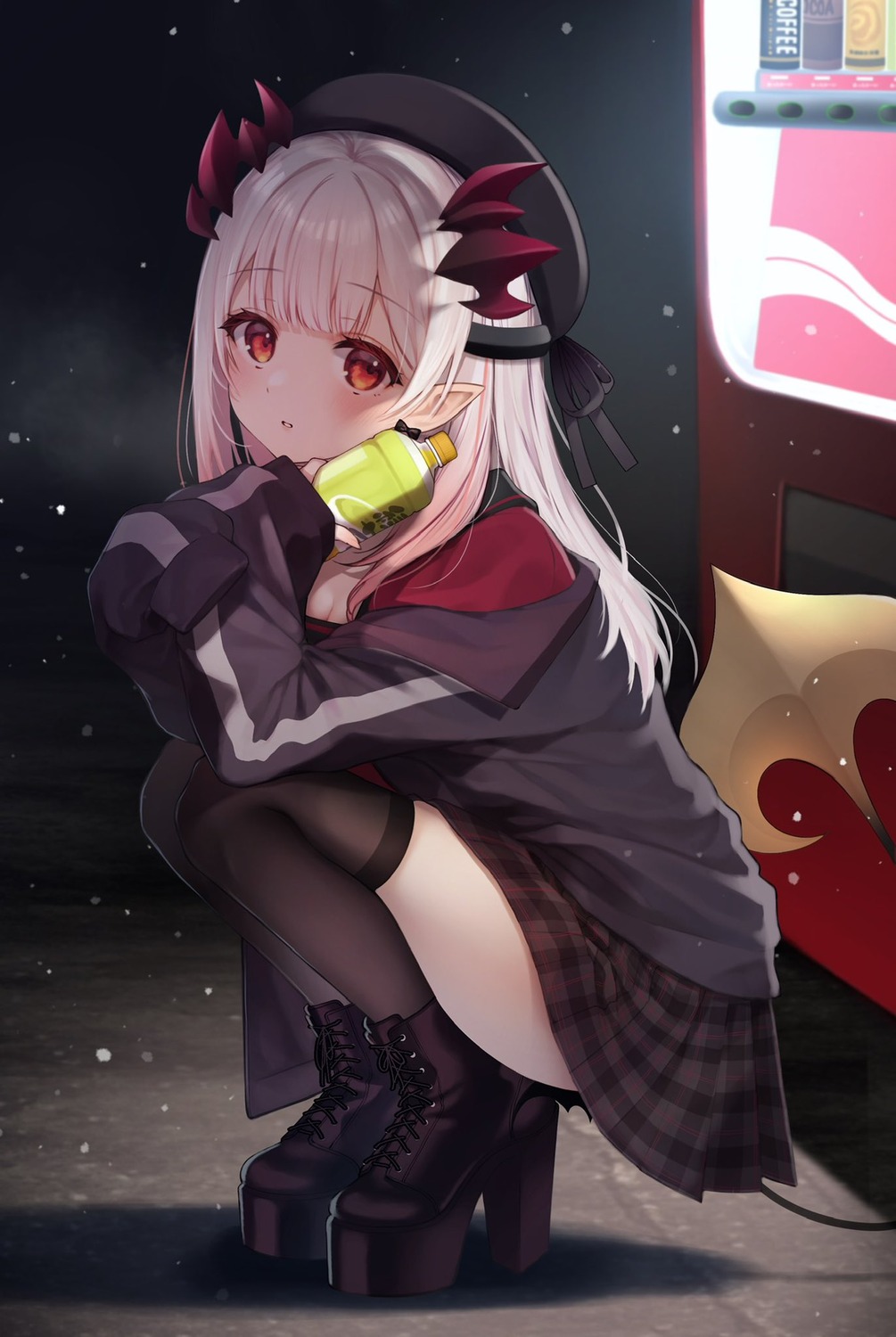 cleavage, honey_strap, horns, nanashi_inc., pointy_ears, skirt_lift, suou_patra, tail, thighhighs, toramaru