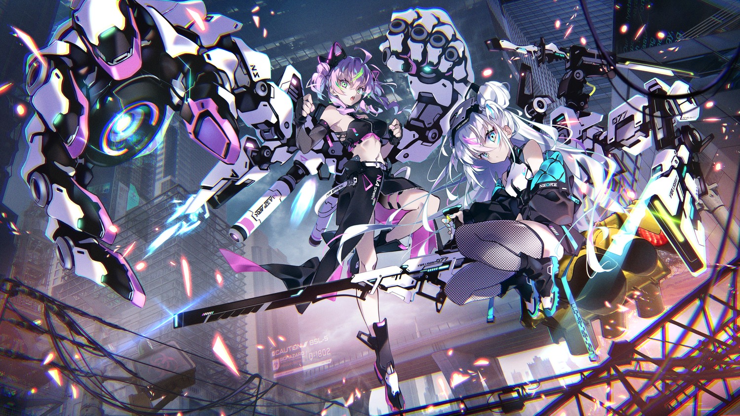 animal_ears, fishnets, garter, gun, hayakawa_harui, mecha, nekomimi, sword