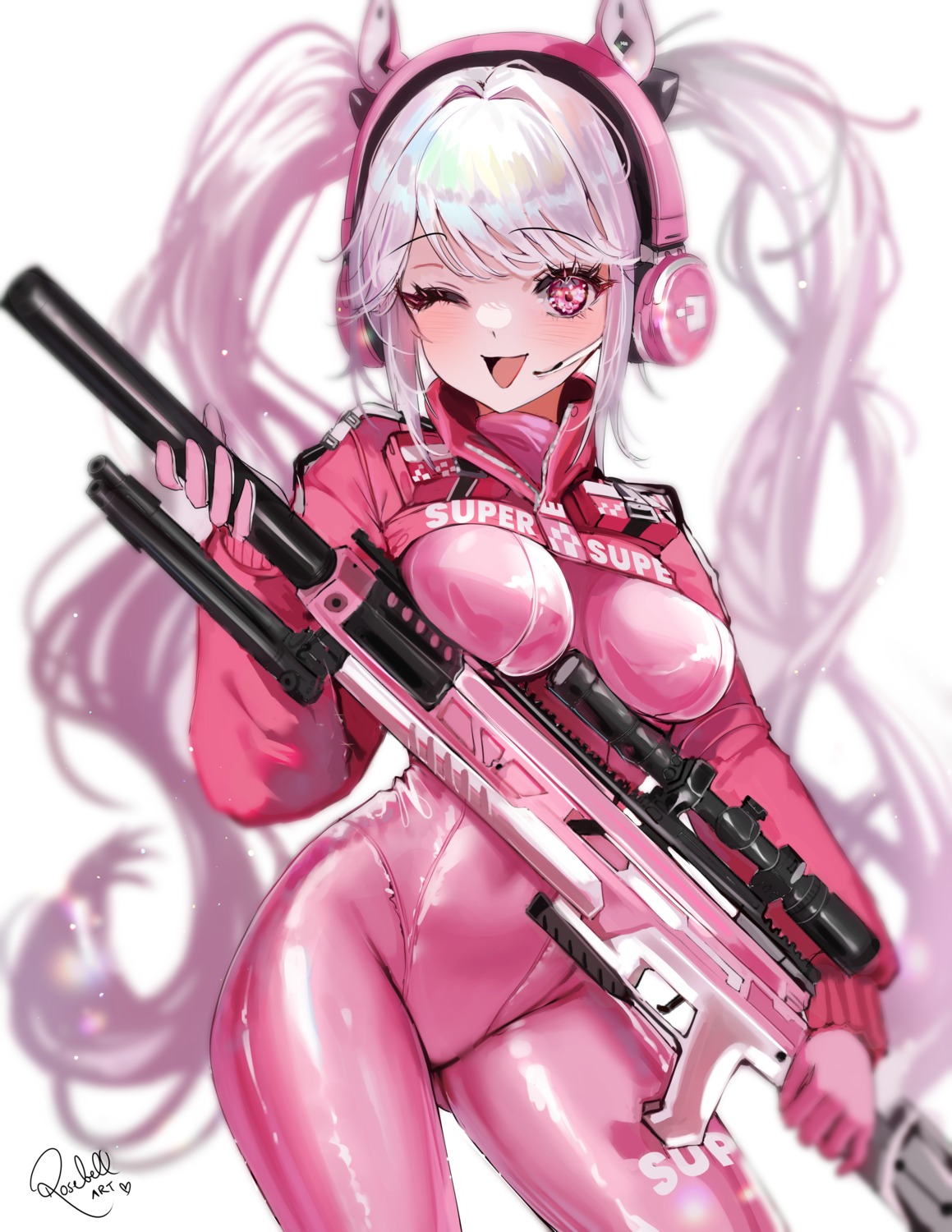 alice_(nikke), animal_ears, bodysuit, goddess_of_victory:_nikke, gun, headphones, rosebell