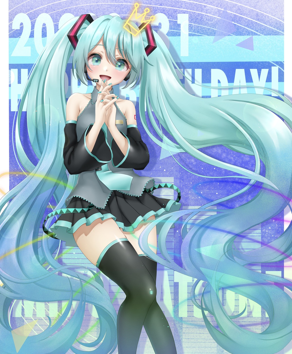 hatsune_miku, headphones, ouuxuuo, tattoo, thighhighs, vocaloid