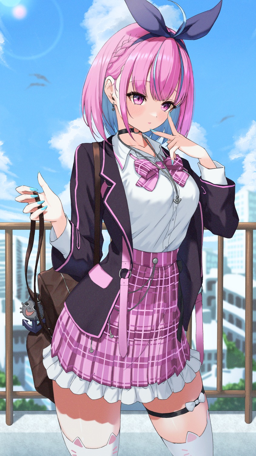 bowsan, garter, hololive, minato_aqua, seifuku, thighhighs