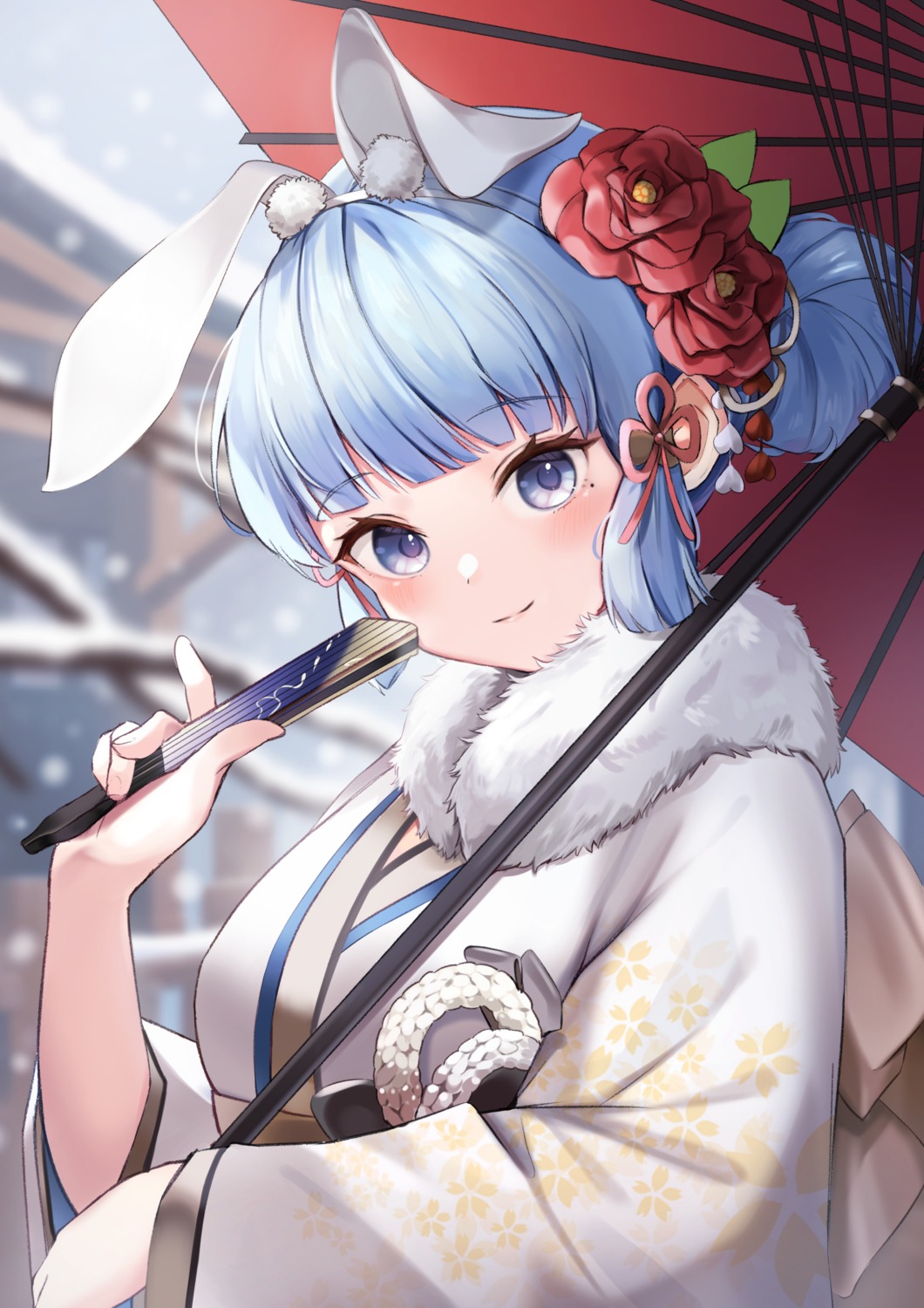 animal_ears, bunny_ears, genshin_impact, japanese_clothes, kamisato_ayaka, umbrella, yutoriko_(candy0905)