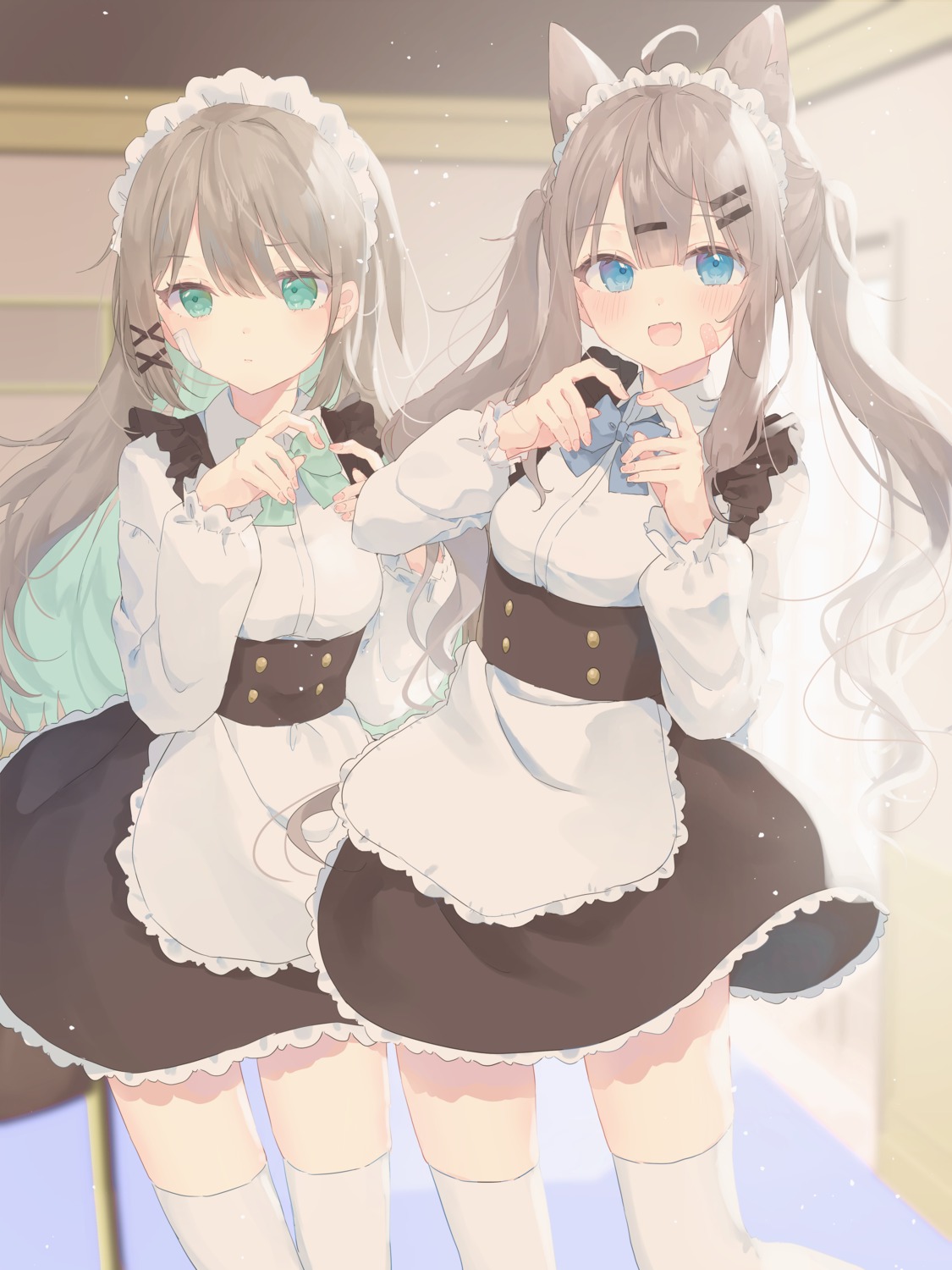 animal_ears, bandaid, maid, nekomimi, riri_(ri0177), thighhighs, waitress